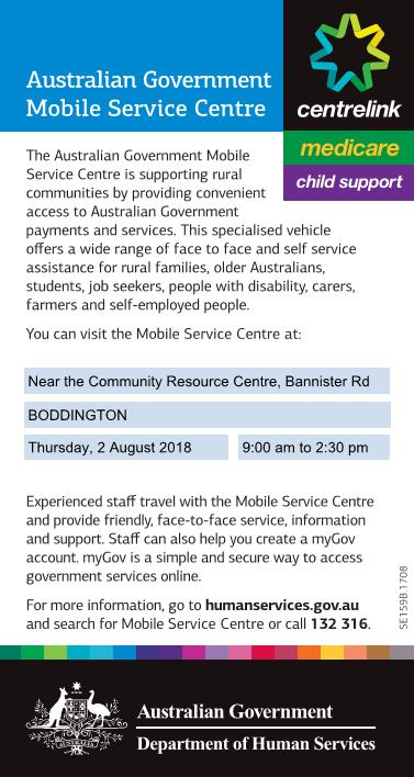 Australian Government Mobile Service Centre Flyer for Boddington