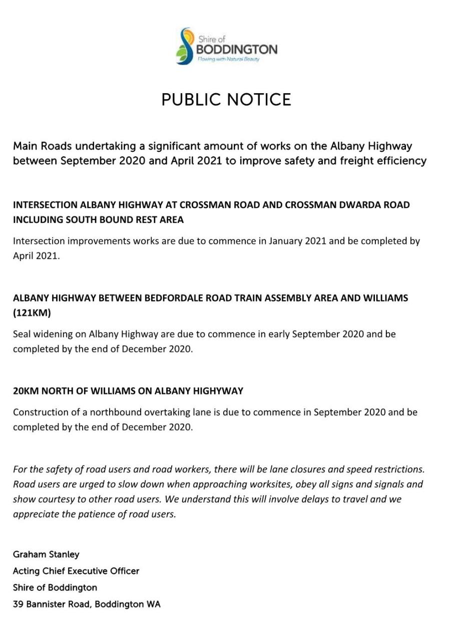 PUBLIC NOTICE - MAIN ROADS WORKS ON ALBANY HIGHWAY
