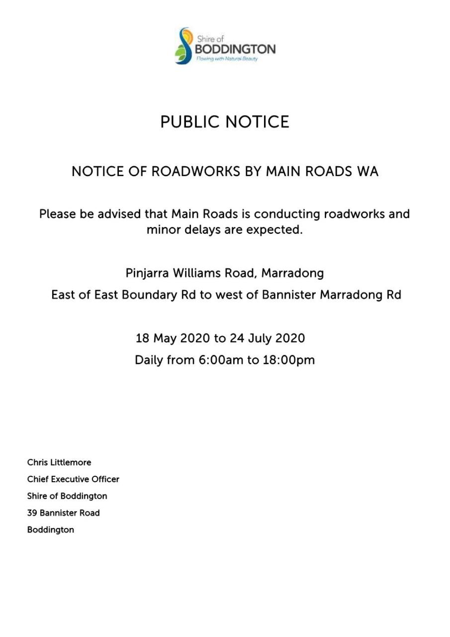 PUBLIC NOTICE - NOTIFICATION OF ROAD WORKS 
