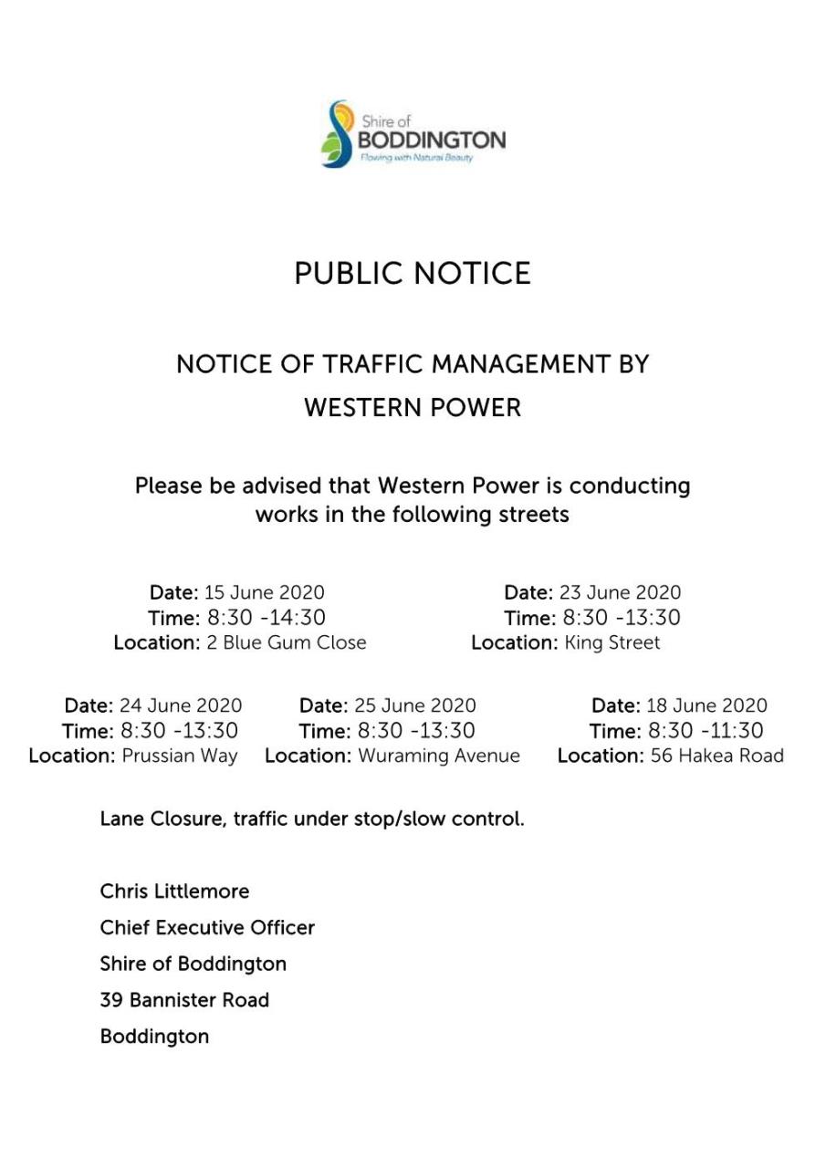 News Story NOTIFICATION OF TRAFFIC MANAGEMENT » Shire of Boddington