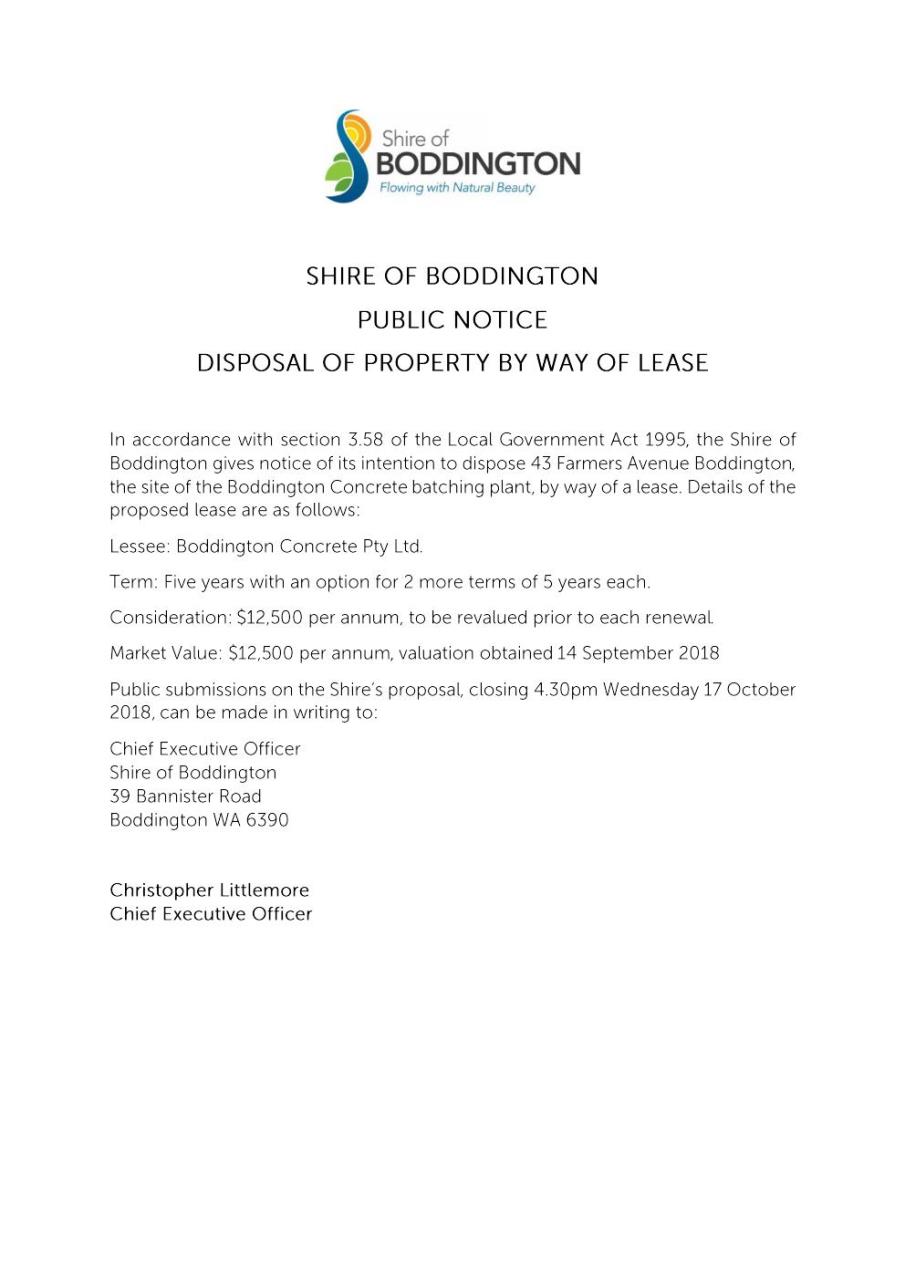 PUBLIC NOTICE - DISPOSAL OF PROPERTY BY WAY OF LEASE