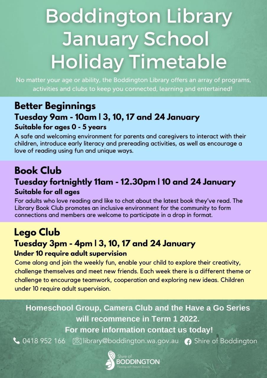 Boddington Library January School Holiday Timetable